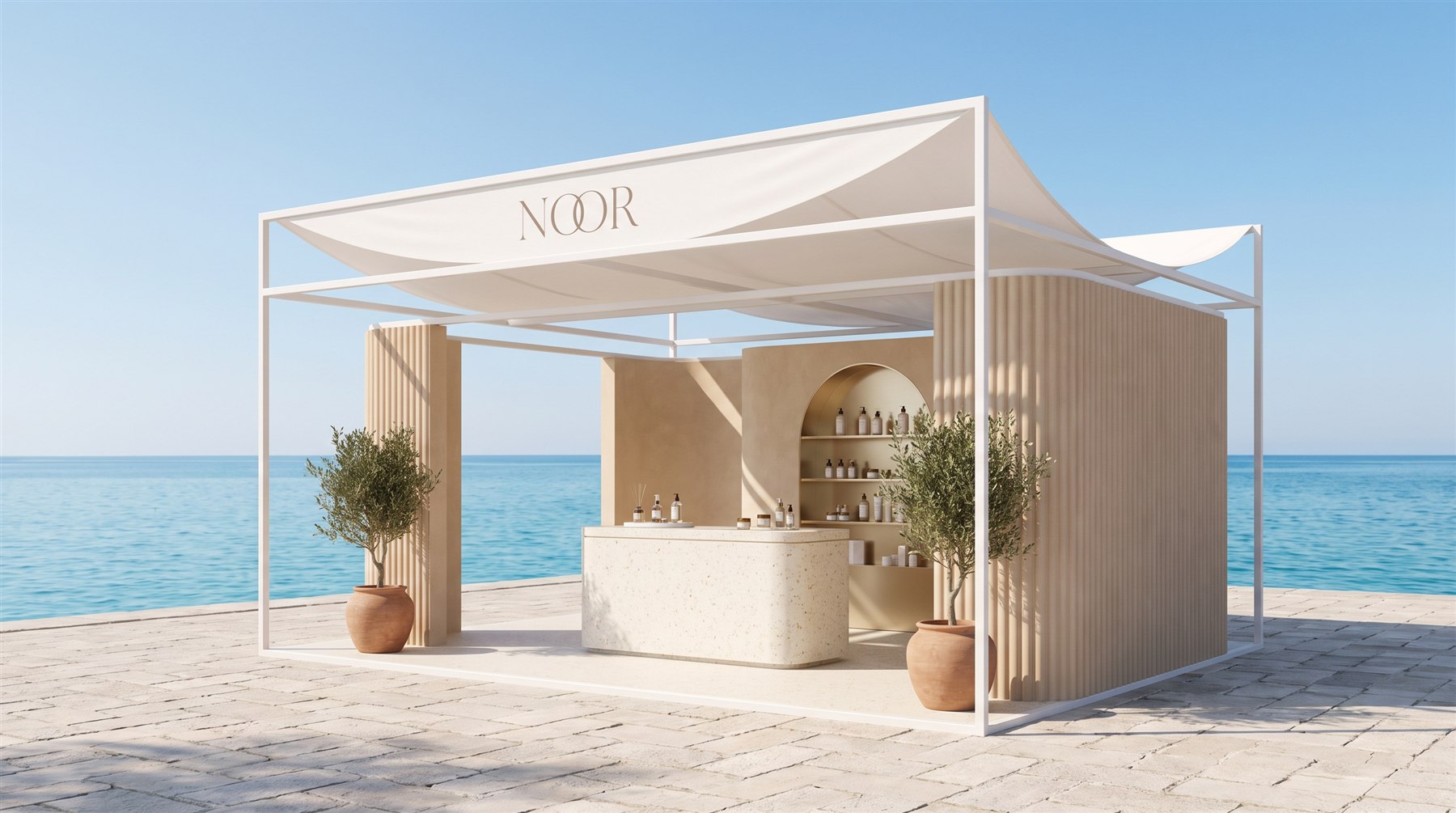 Concept visualisation: Noor skincare pavilion on a waterfront promenade