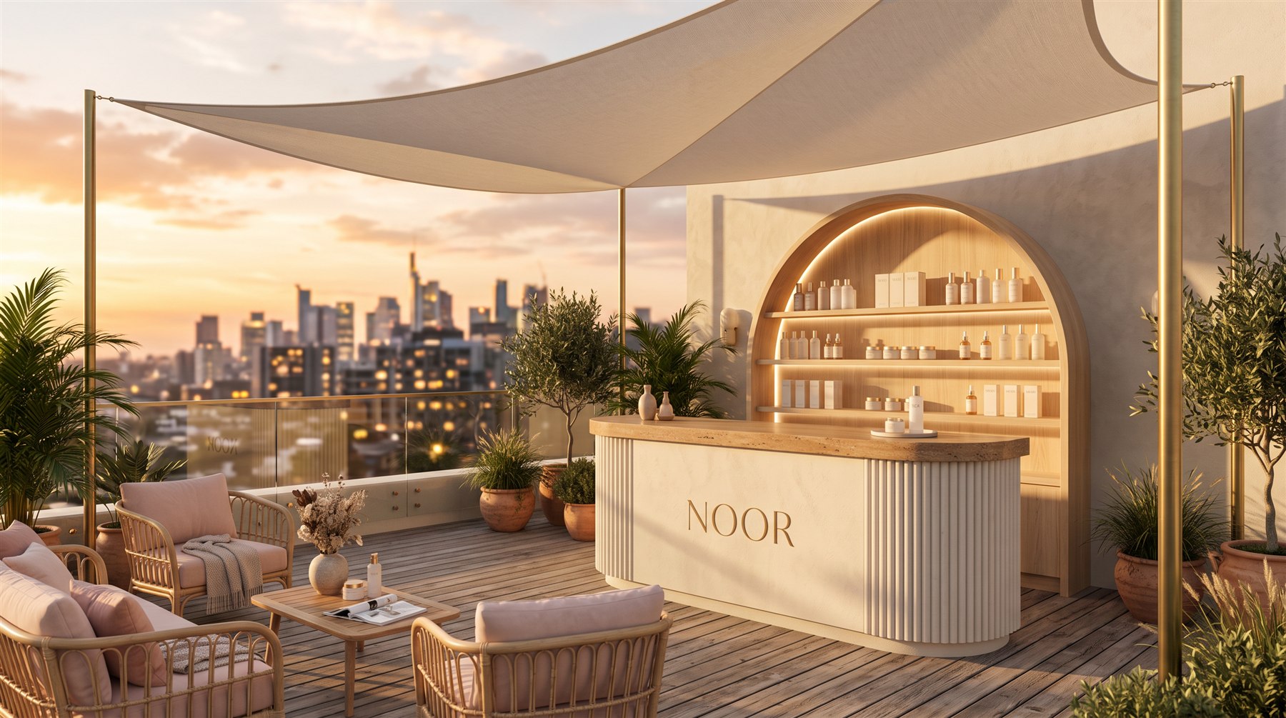 Concept visualisation: Noor terrace installation at golden hour