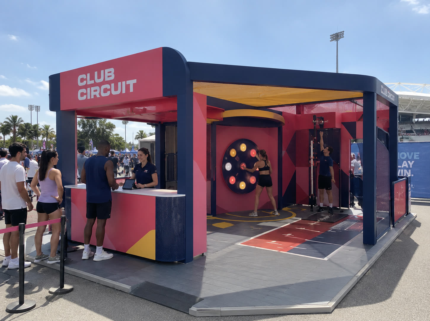 Concept visualisation: circuit-training game booth in red, navy, and yellow