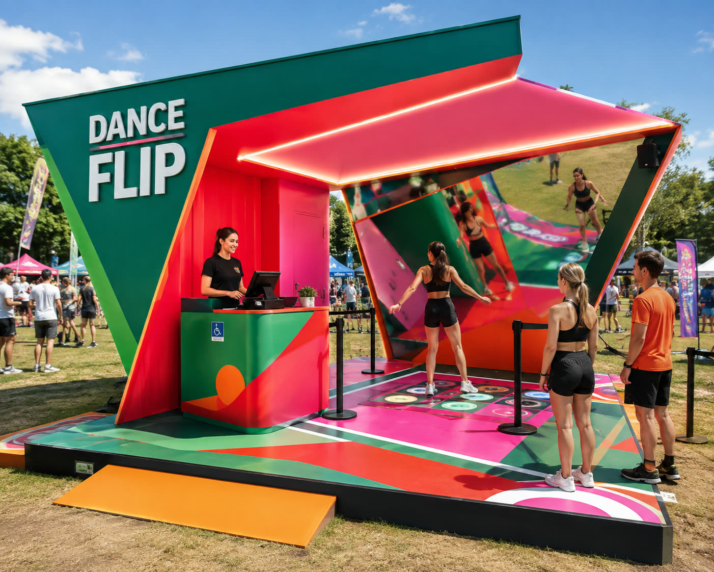 Concept visualisation: mirrored dance booth in green, red, and pink with an interactive floor