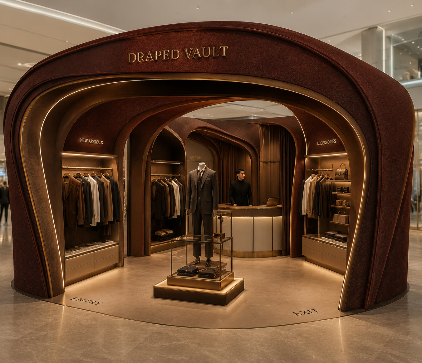 Concept visualisation: velvet-flocked double-curve vault housing a menswear boutique