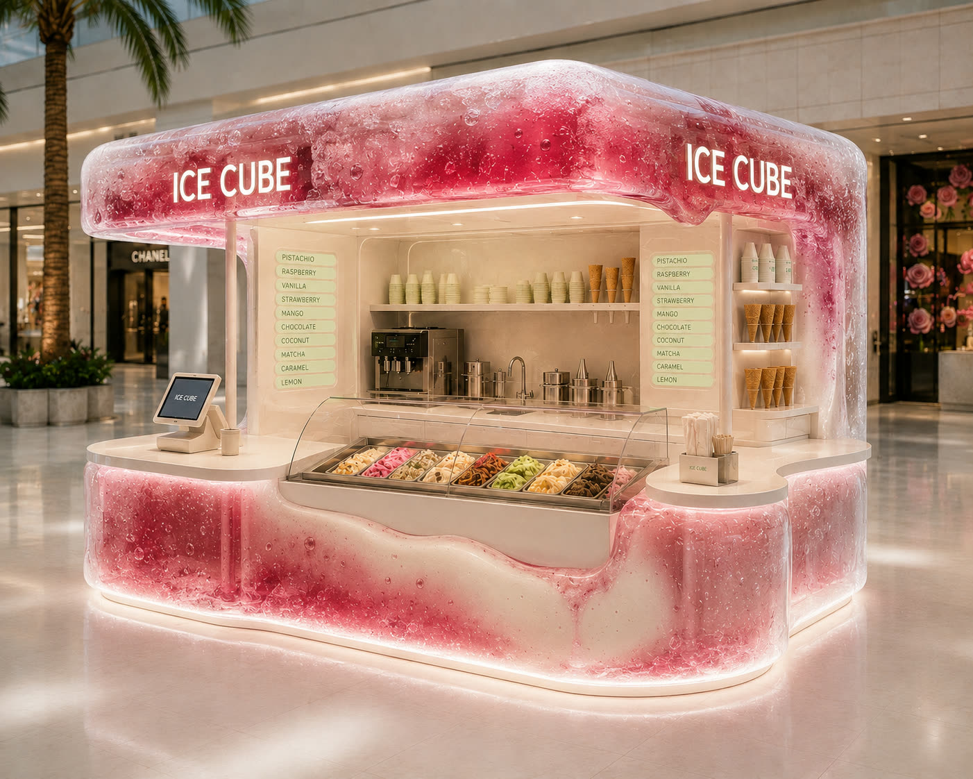 Concept visualisation: gelato kiosk cast as a melting ice block in textured resin with internal light