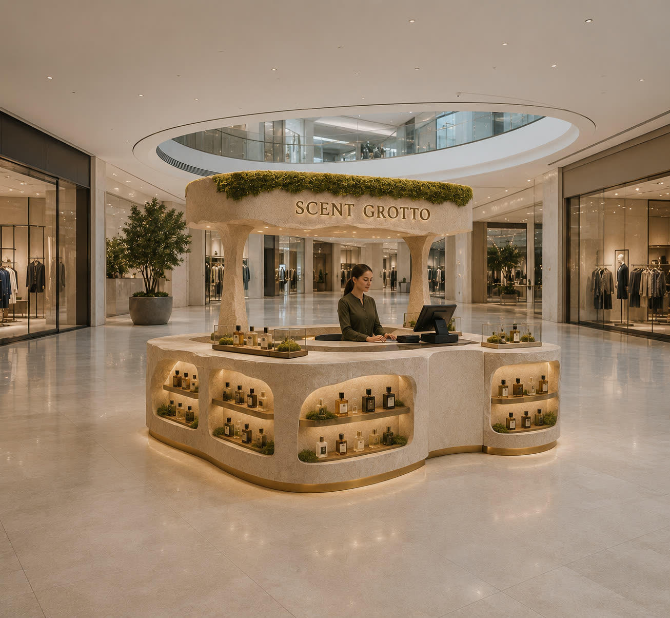 Concept visualisation: carved-stone perfume grotto with planted canopy under a mall oculus