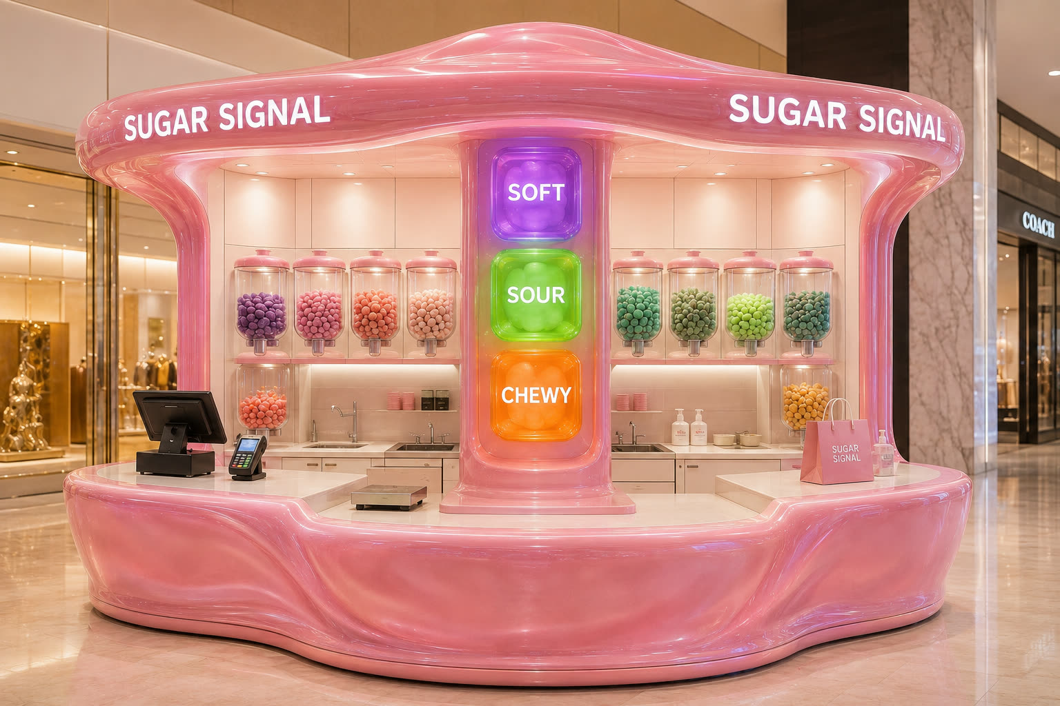 Concept visualisation: glossy pink blow-molded candy kiosk with glowing flavour signals