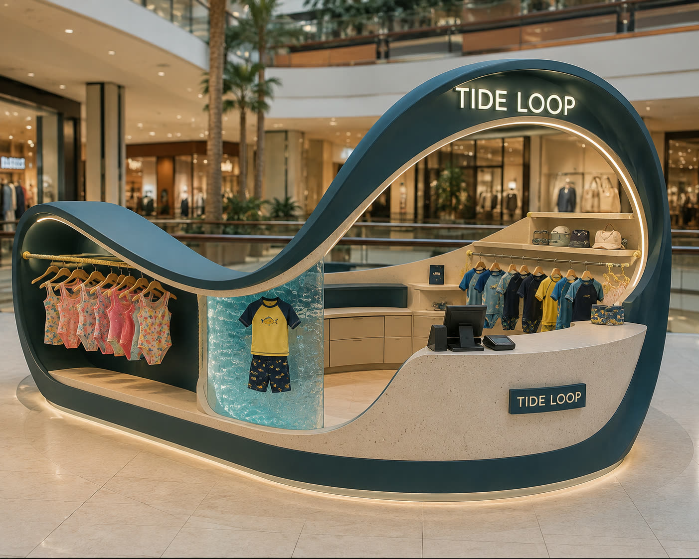 Concept visualisation: kids swimwear kiosk shaped as a looping wave with a water-texture column