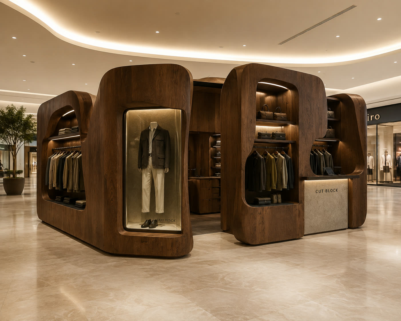 Concept visualisation: carved walnut monolith menswear kiosk with backlit display niches