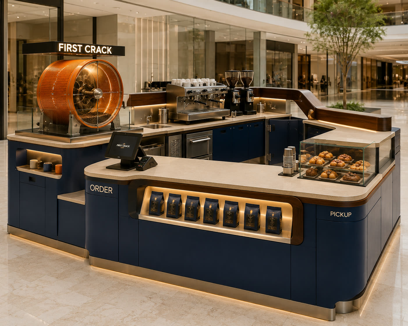 Concept visualisation: navy and stone coffee kiosk with a copper roasting drum as the hero