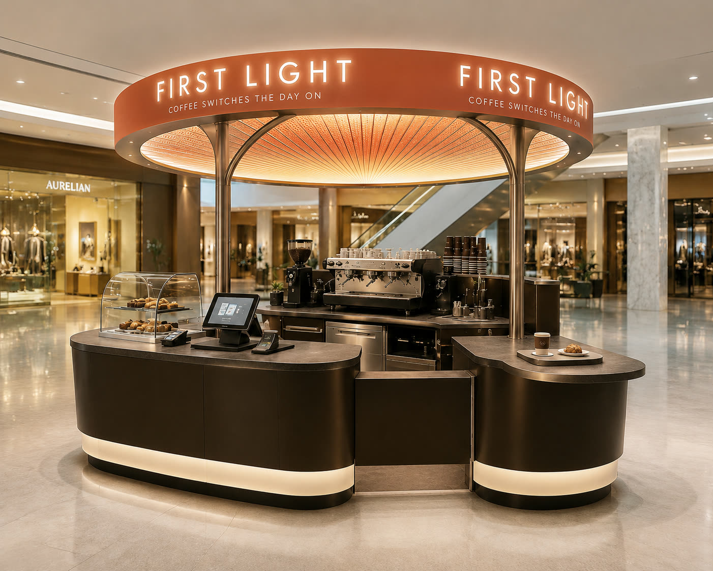 Concept visualisation: circular coffee kiosk under an illuminated sunrise canopy ring