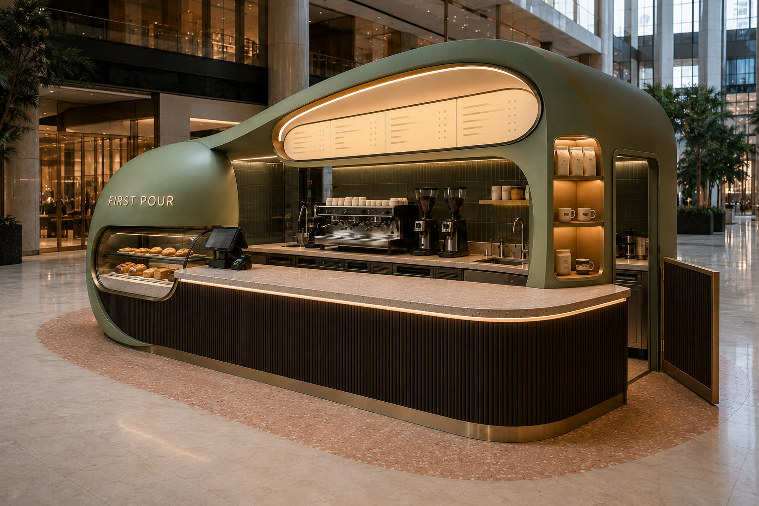 3D visualisation: First Pour, a sage-green coffee kiosk with fluted timber and terrazzo counter in a mall atrium