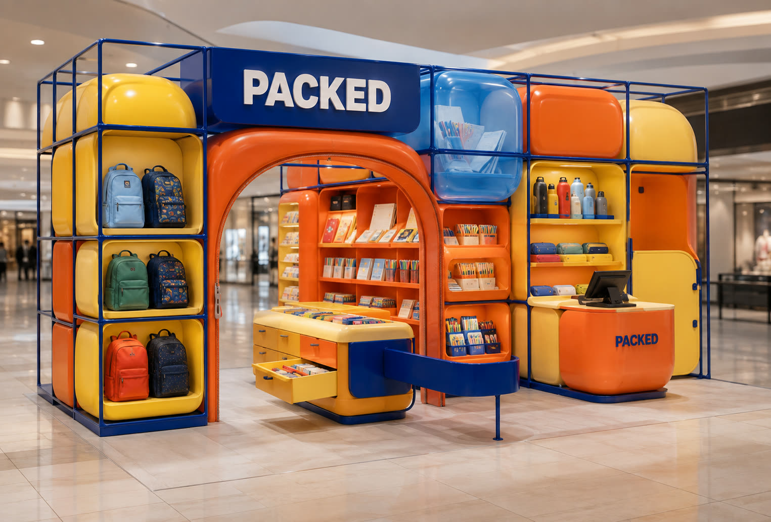 3D visualisation: Packed, a playful cage-frame school-supplies kiosk with a zipper arch