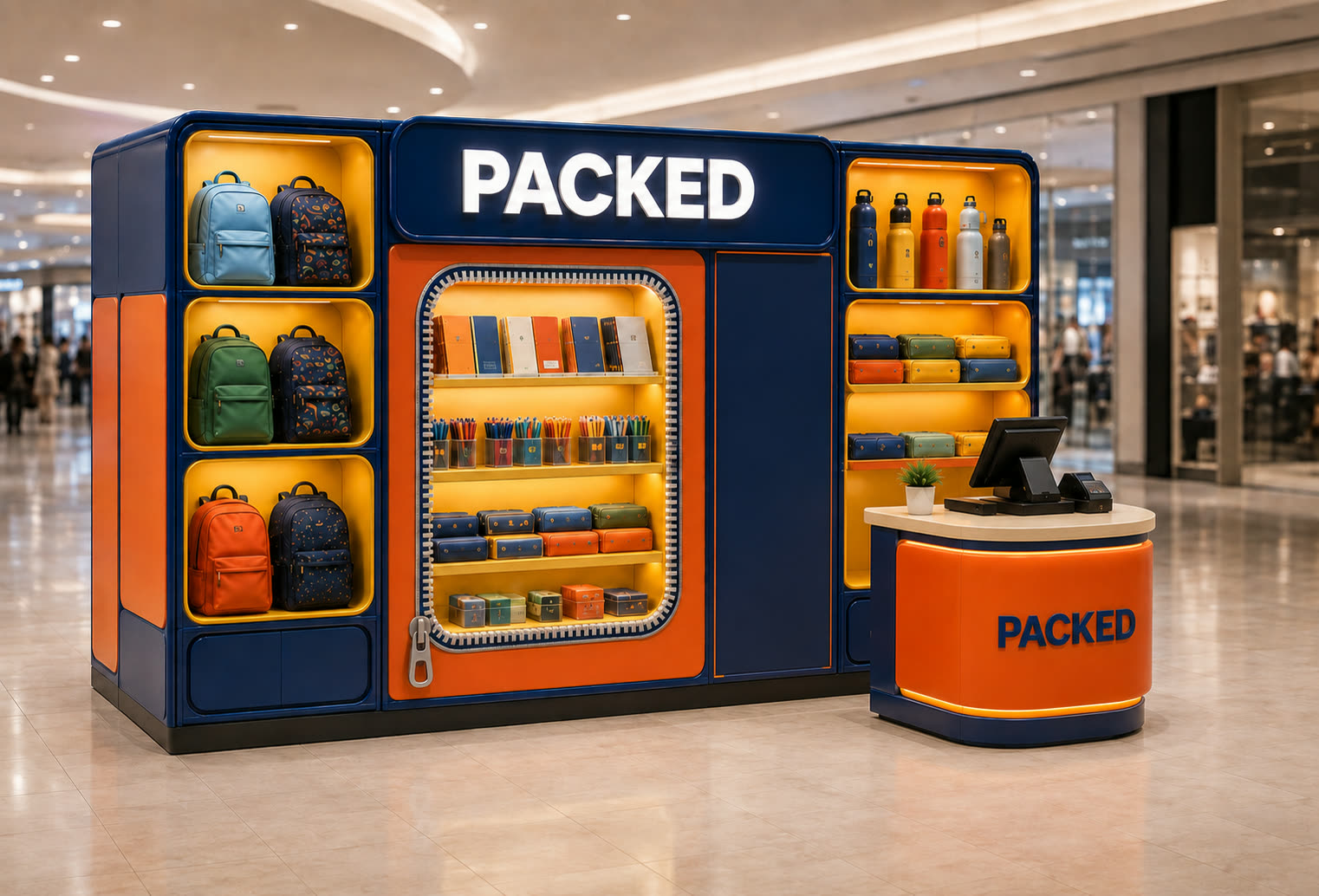 Concept visualisation: navy and orange school-supplies wall kiosk with a zip-open vitrine