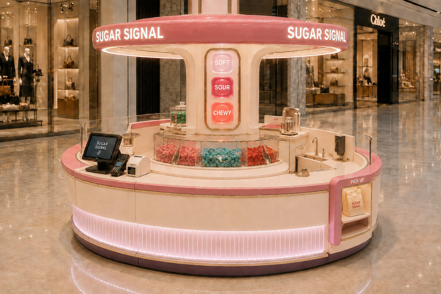 Concept visualisation: round pink candy kiosk with soft-sour-chewy traffic-light lightboxes
