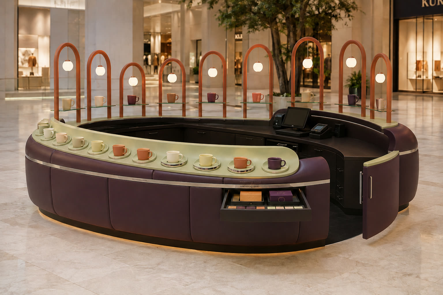 Concept visualisation: oval leather tasting counter under arched pendant lamps
