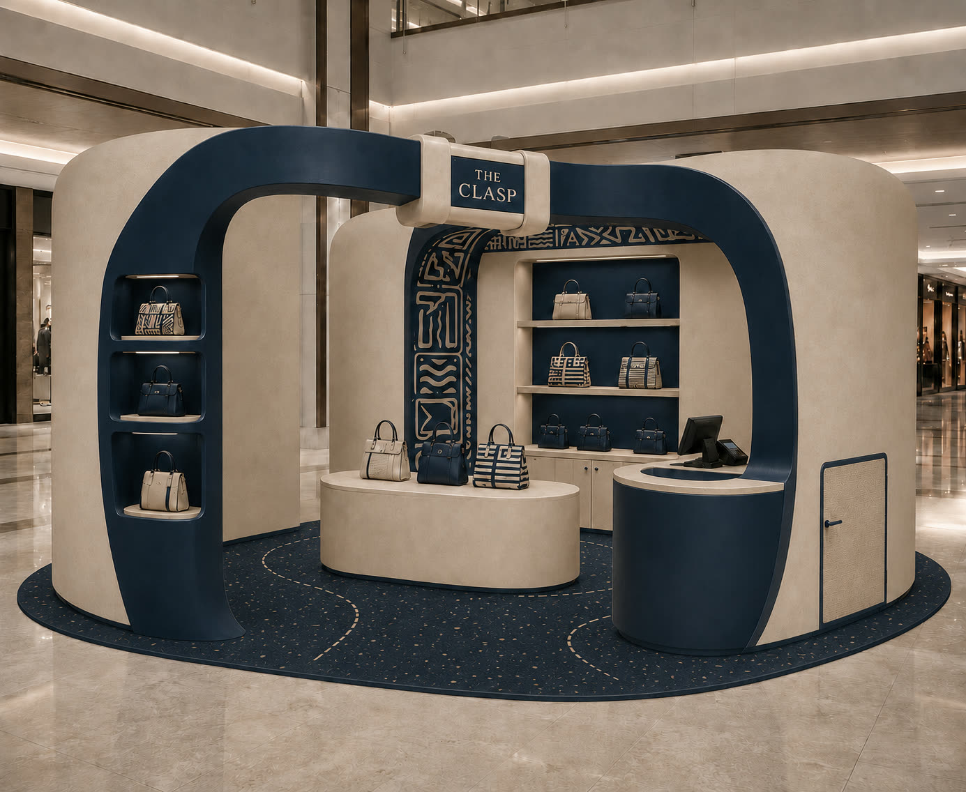 Concept visualisation: two-tone cream and navy arched handbag kiosk with a carpet inlay
