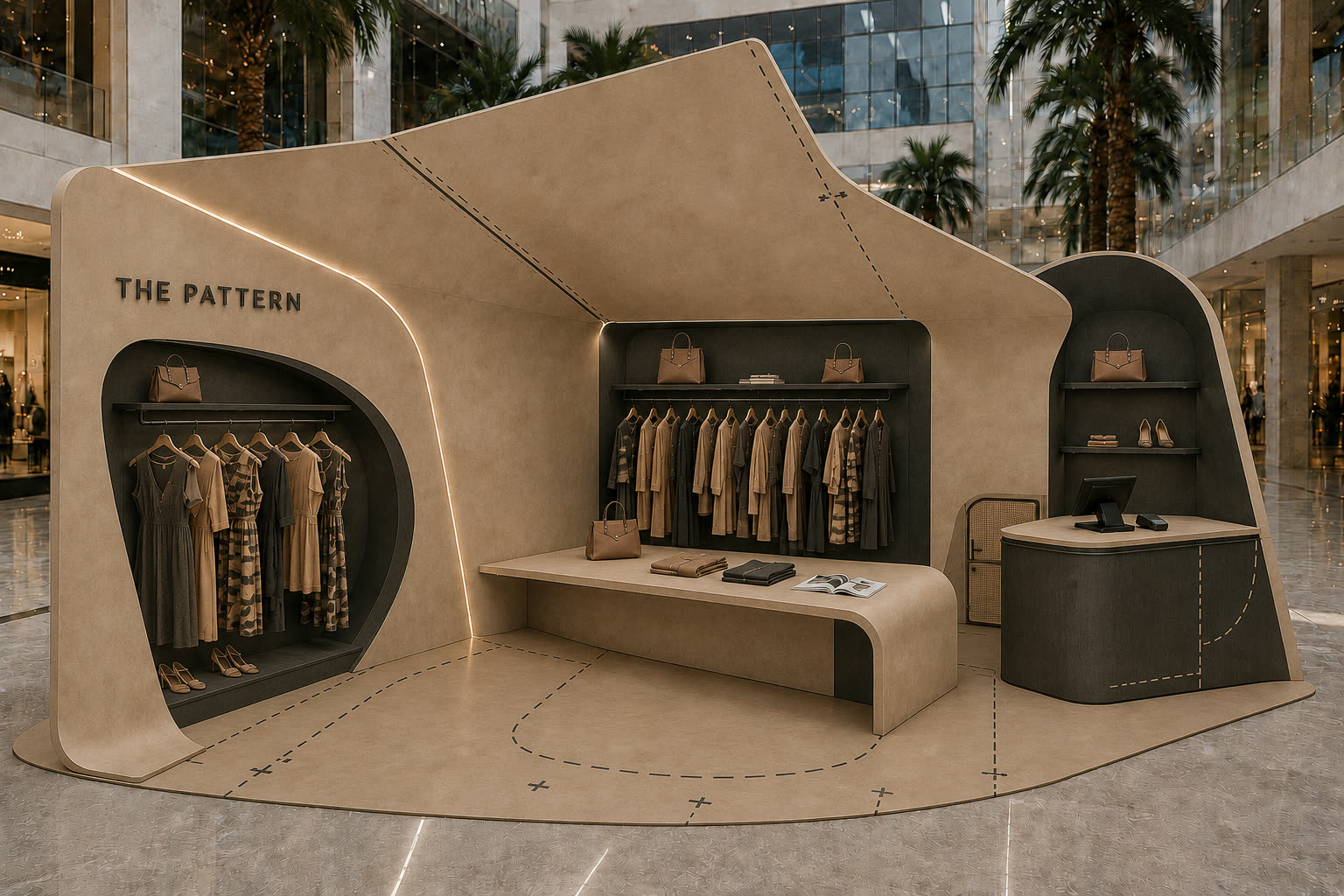 Concept visualisation: womenswear kiosk shaped like pattern paper with stitch-line floor markings