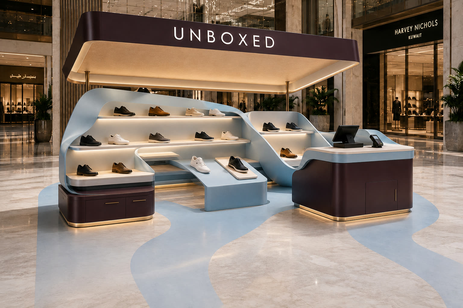 Concept visualisation: footwear kiosk with a ribbon of terraced shelves, set in a Kuwait mall atrium