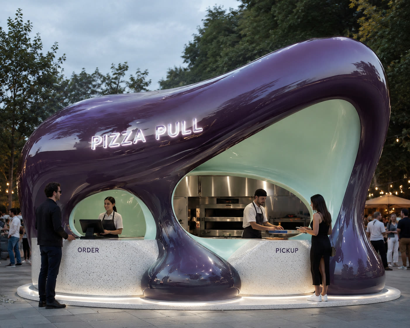 Concept visualisation: sculptural glossy aubergine pizza kiosk glowing at dusk
