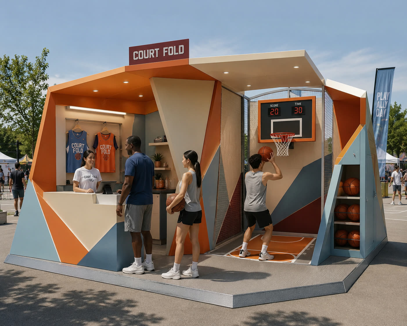 Concept visualisation: basketball station of faceted panels with a folded-court story