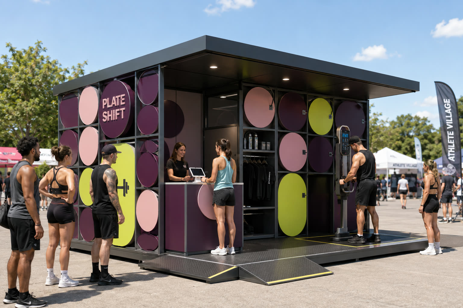 Concept visualisation: container-style gym station with applied weight-plate discs