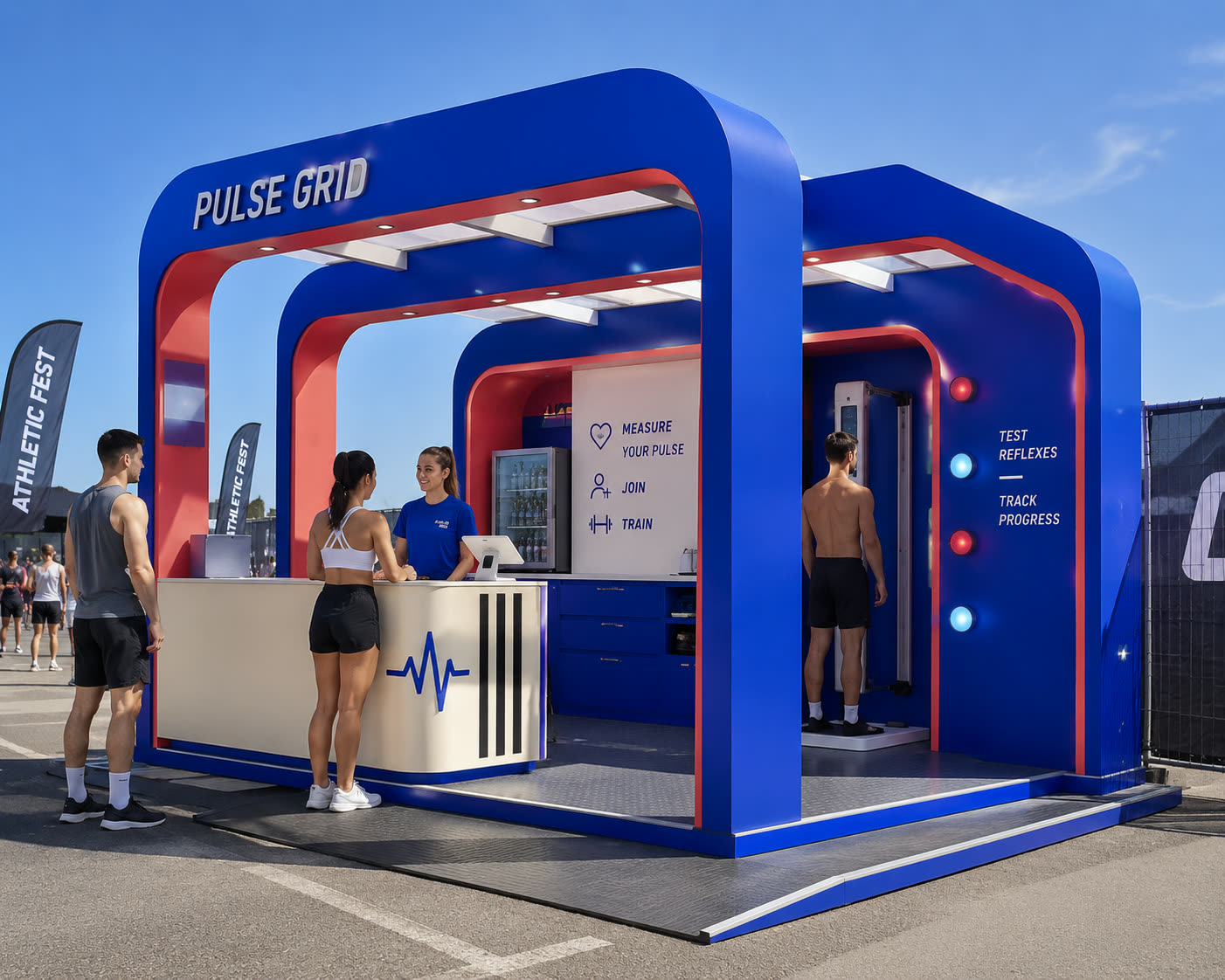 Concept visualisation: fitness-testing station of portal frames on a checker-plate deck